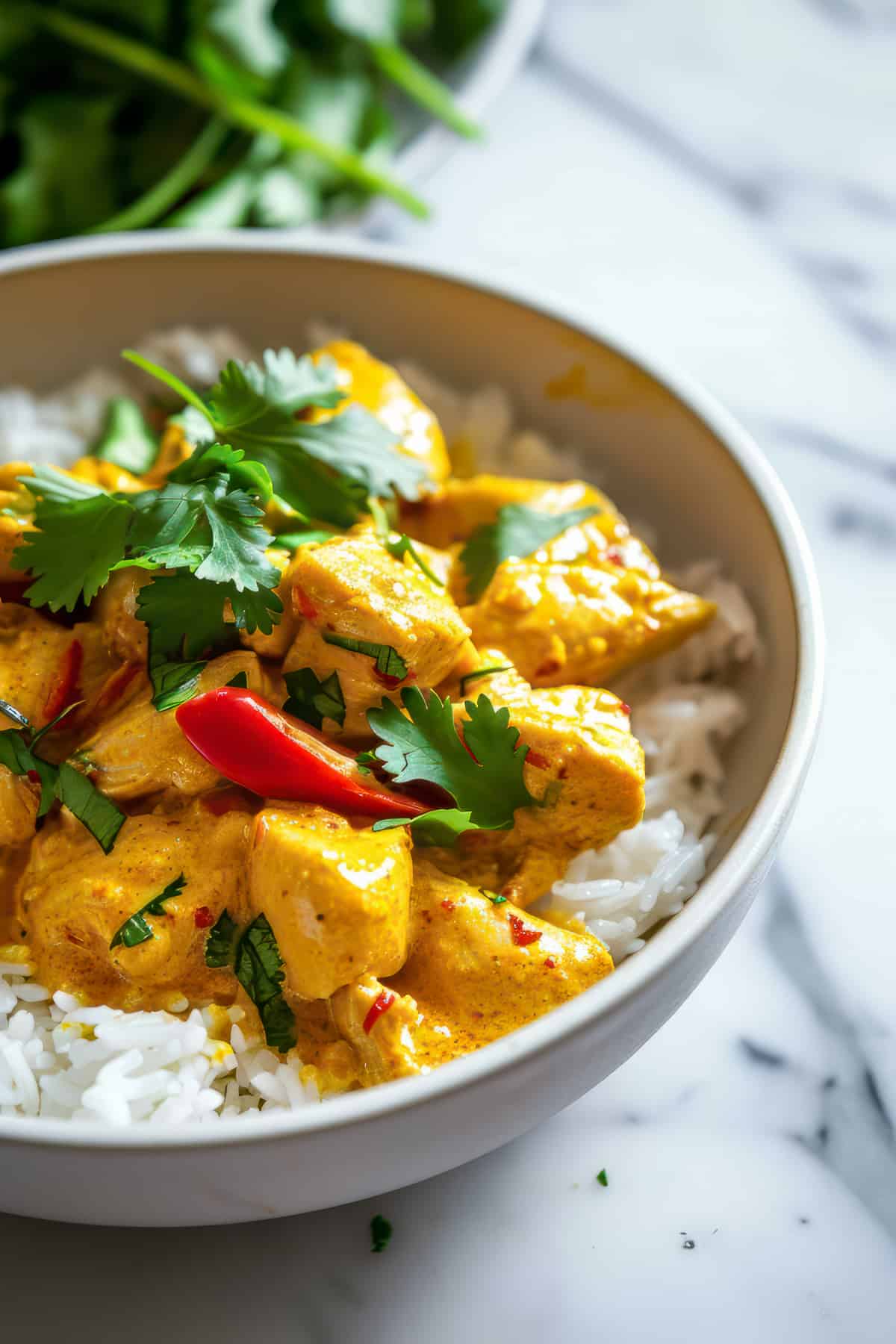 Easy Thai yellow chicken curry with rice and vegetables.