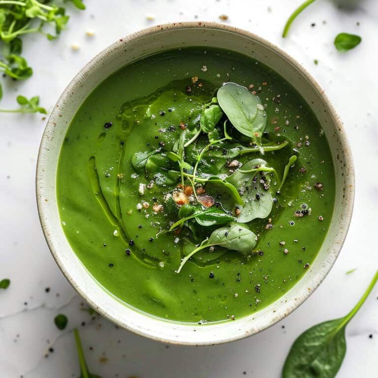 Watercress soup in a white bowl with pepper and olive oil.