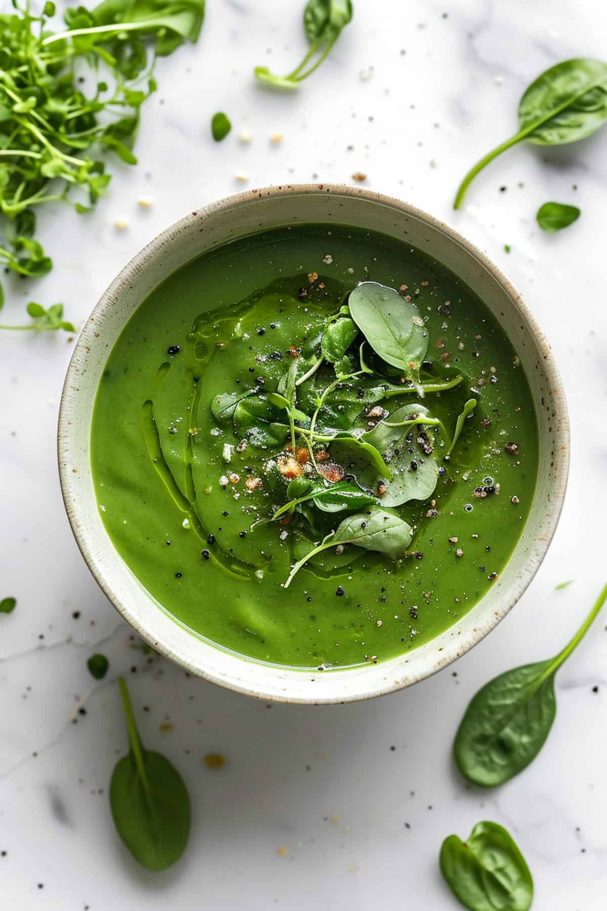 Watercress soup in a white bowl with pepper and olive oil.