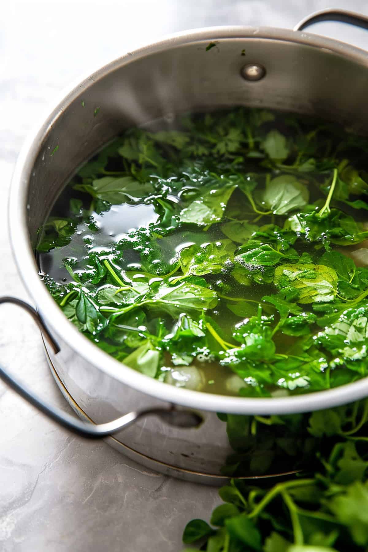 Watercress soup being cooked in a pan on the stove.