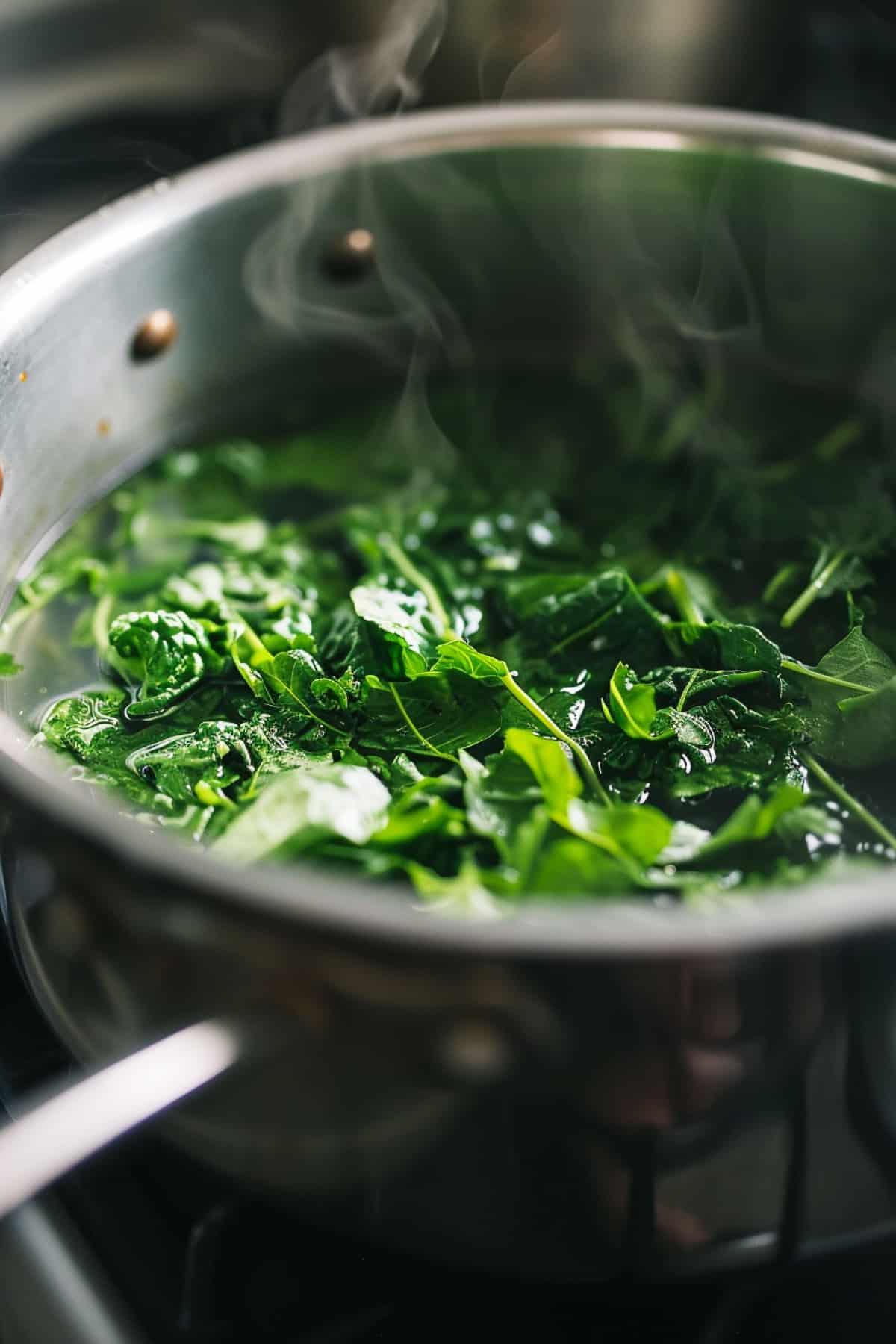 Watercress soup being cooked in a pan on the stove.
