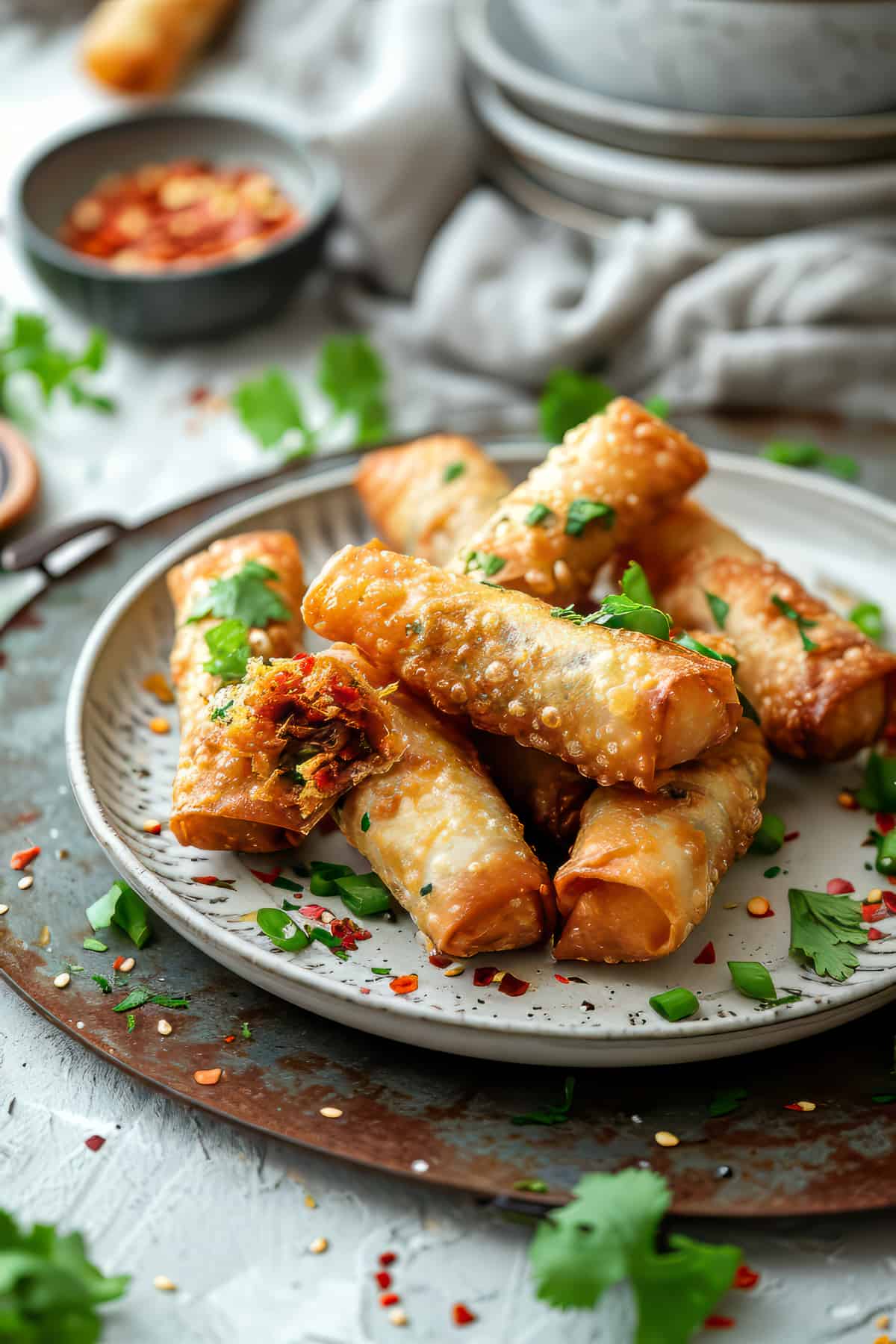 Easy vegetable spring rolls with dipping sauce on a white plate.
