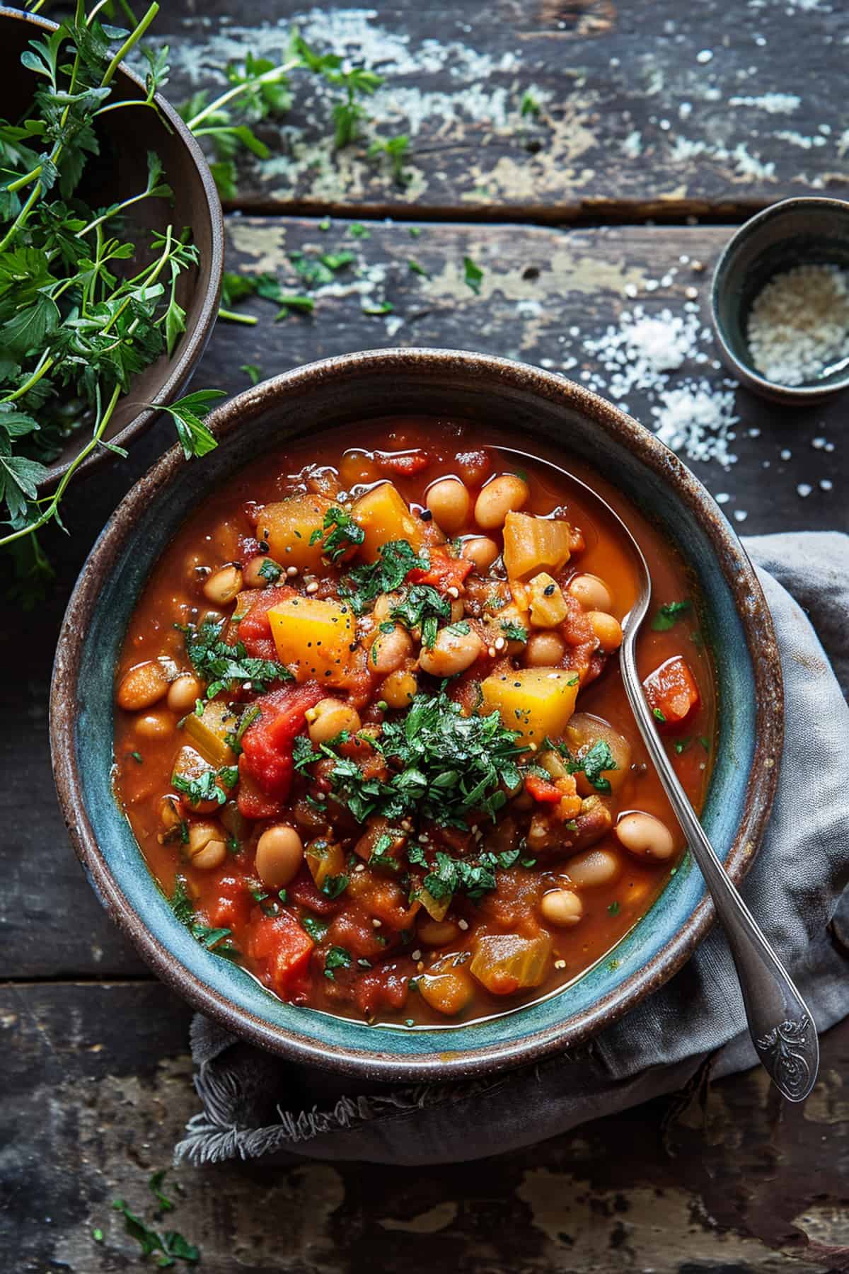 Bean stew with white beans and vegetables in a bowl.