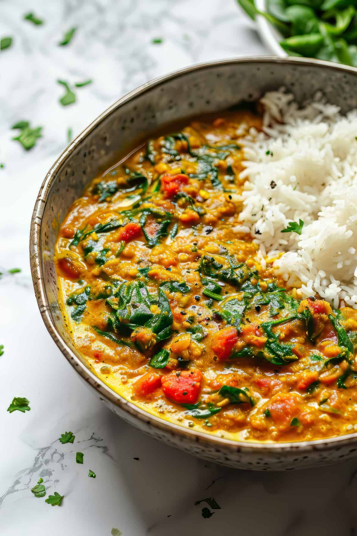 Red lentil curry (dhal) with spinach and tomatoes topped with cilantro.