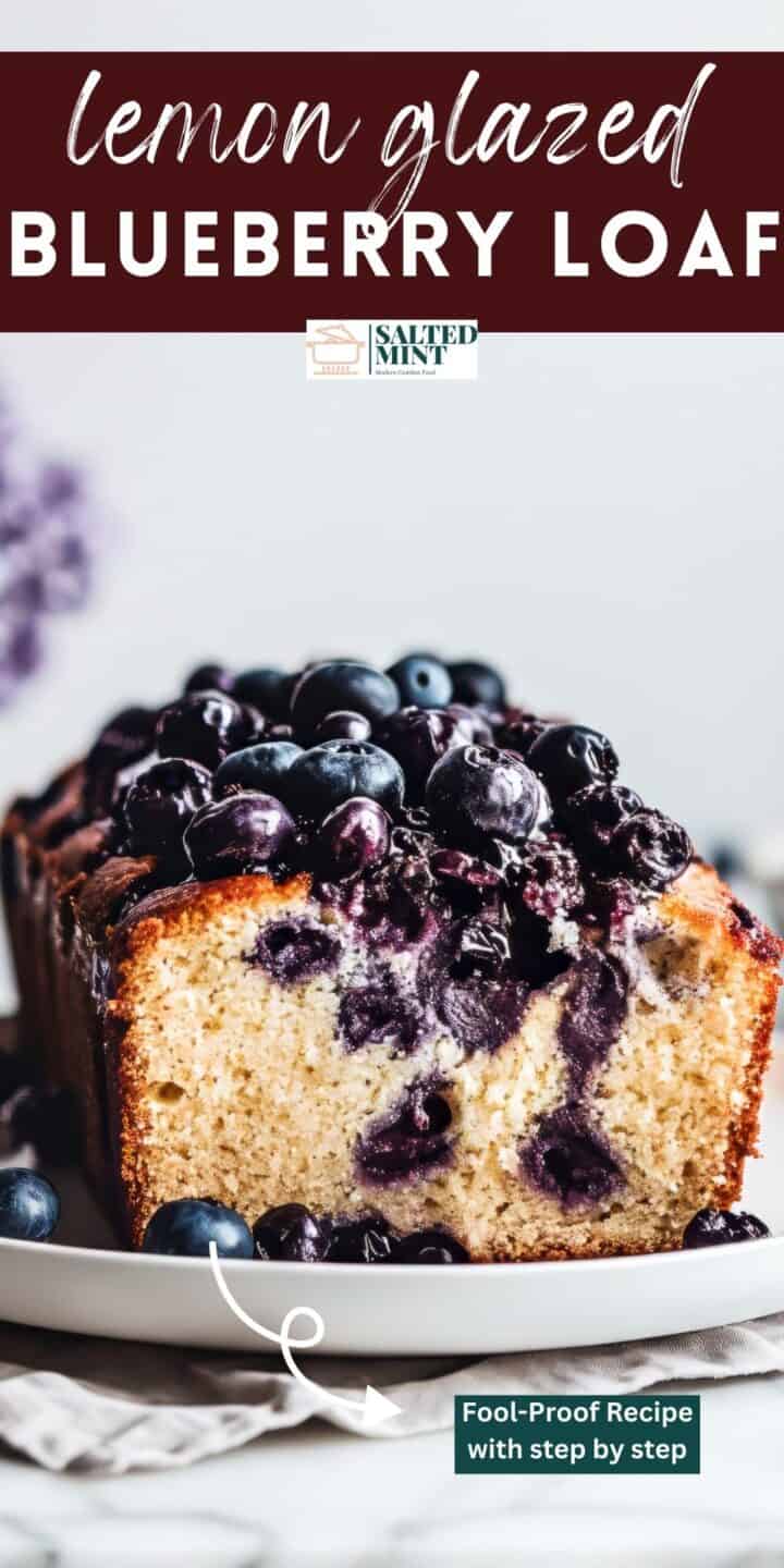 Lemon blueberry loaf on a white plate with text overlay.