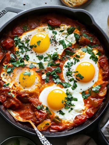 Shakshuka baked eggs with tomatoes and fresh herbs in a skillet.