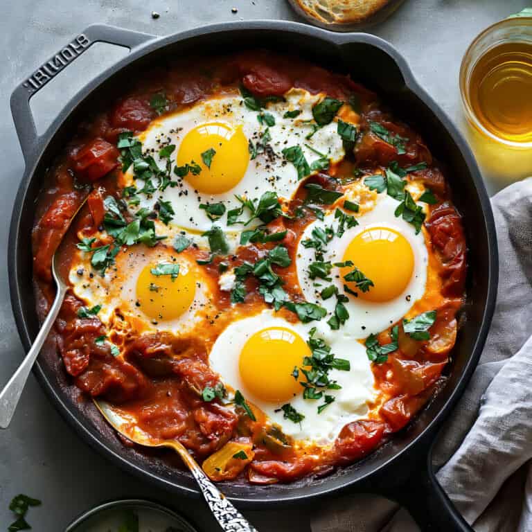 Shakshuka baked eggs with tomatoes and fresh herbs in a skillet.