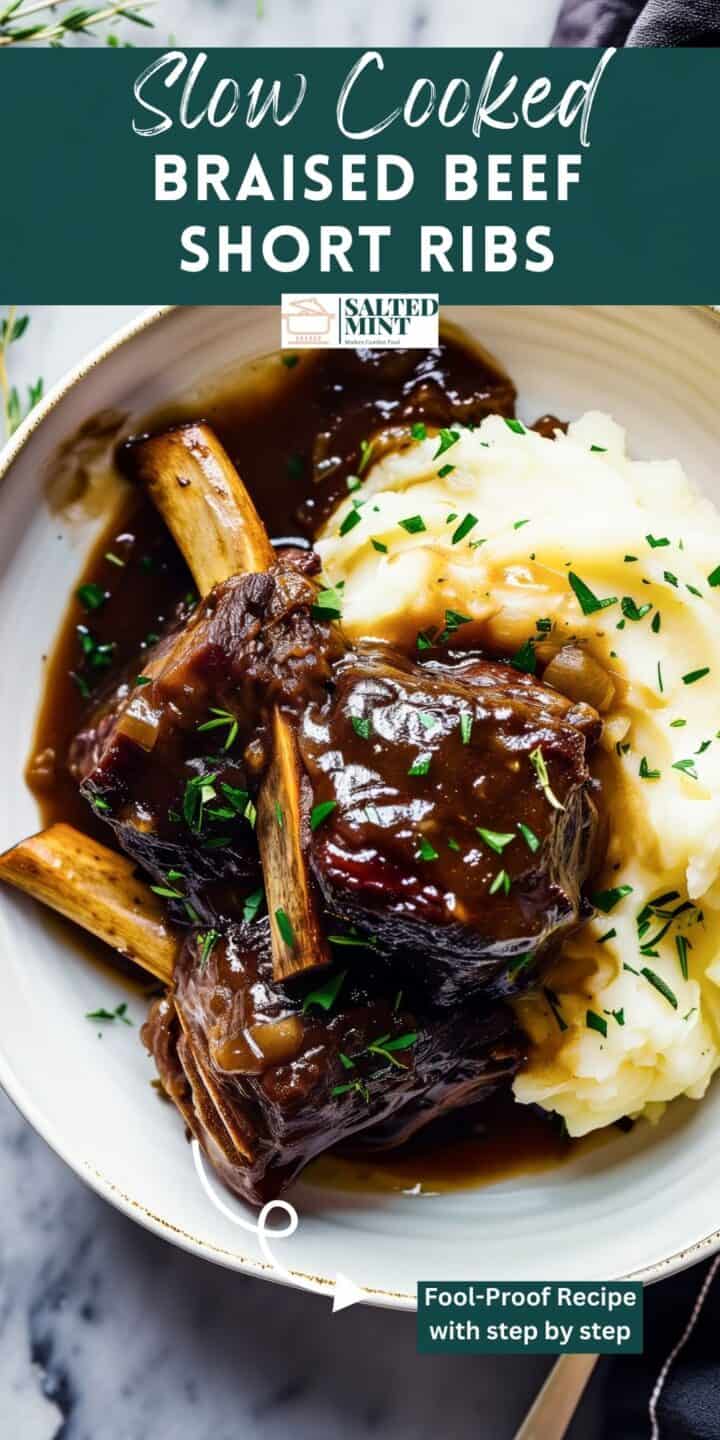 Braised beef short ribs on a bed of mashed potatoes with herbs.