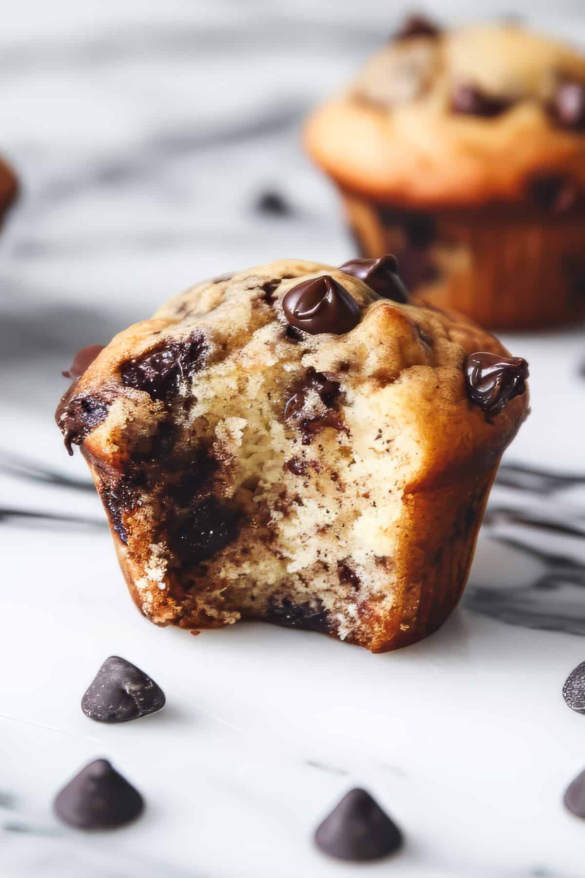 Chocolate chip banana bread muffins on a white table.