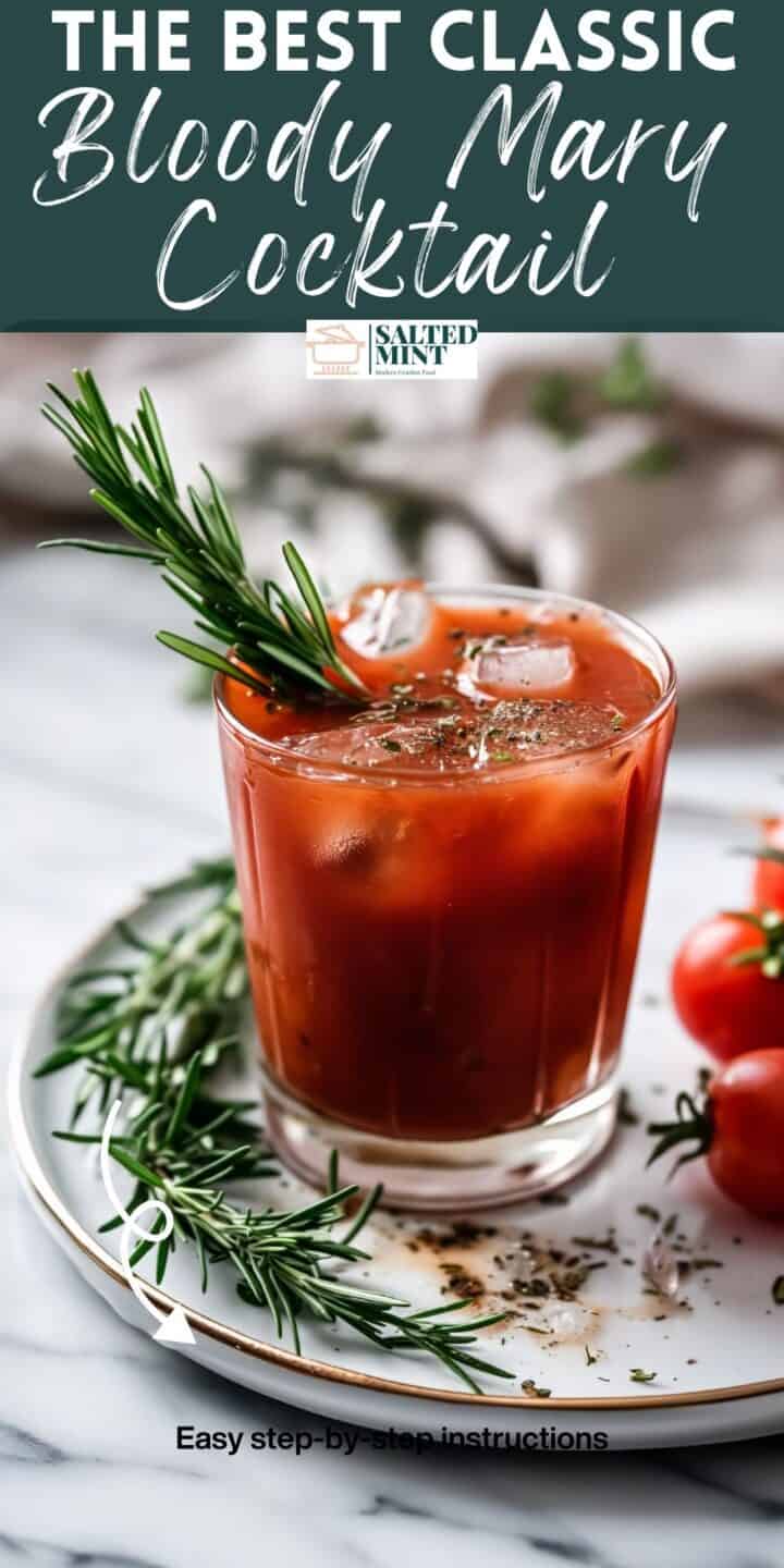 Classic bloody mary cocktail with rosemary and tomato juice.