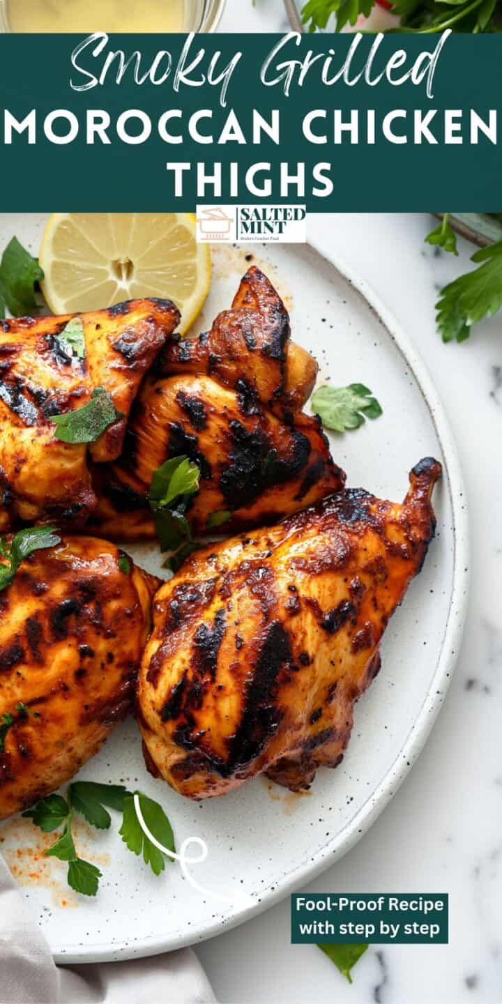 Grilled Moroccan chicken with lemon on a white plate.