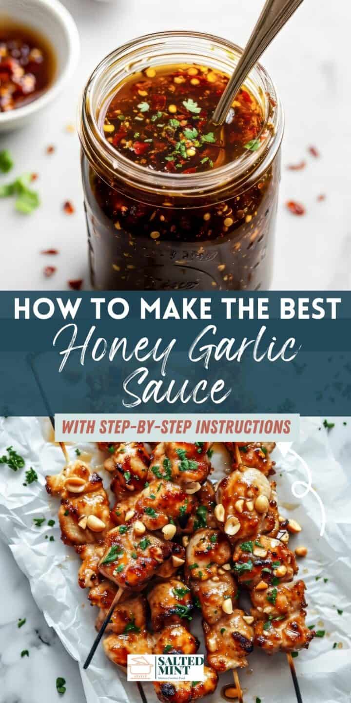 Honey garlic sauce in a jar with a spoon.