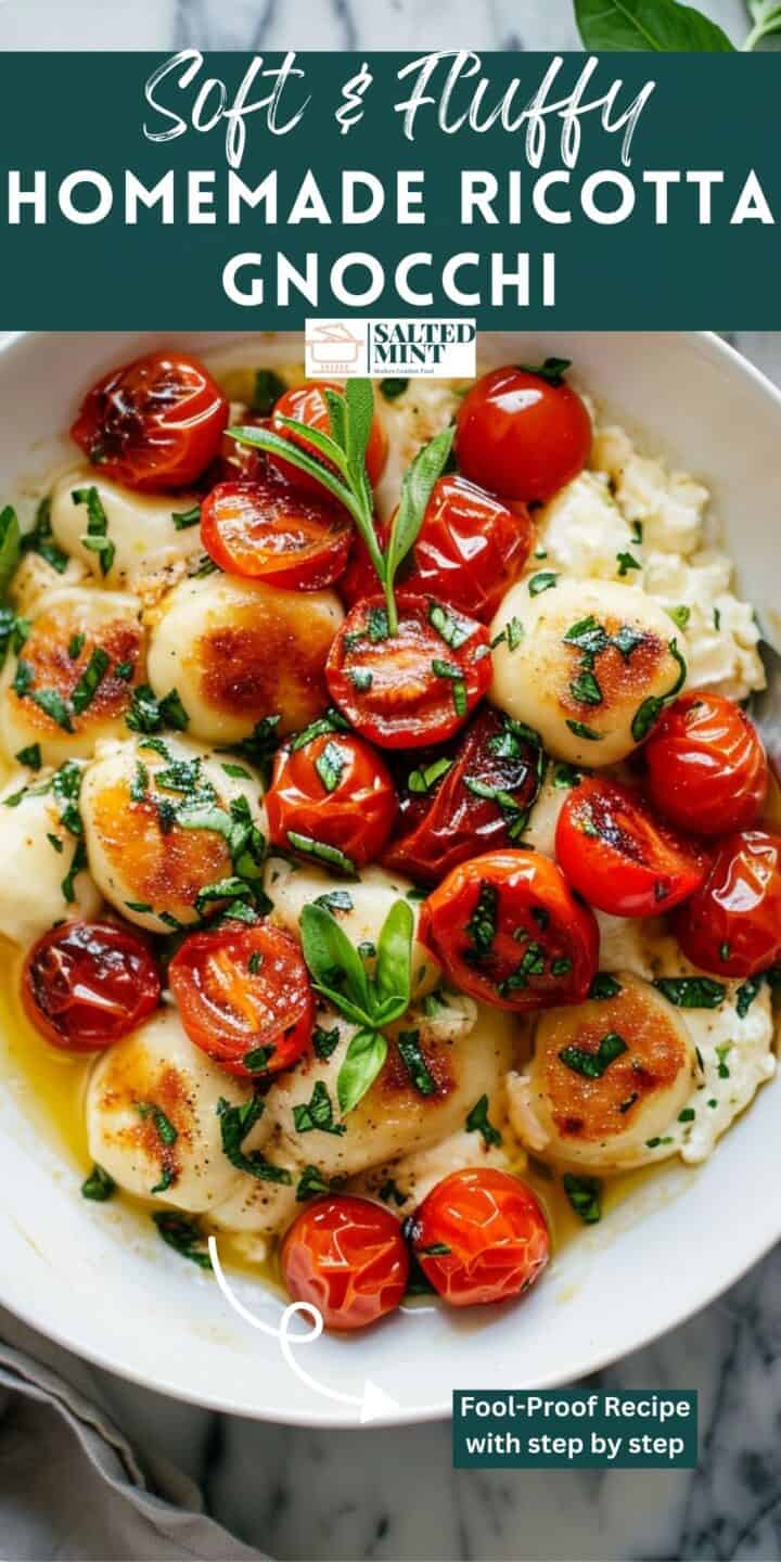 Homemade ricotta gnocchi with roasted tomatoes and herbs.