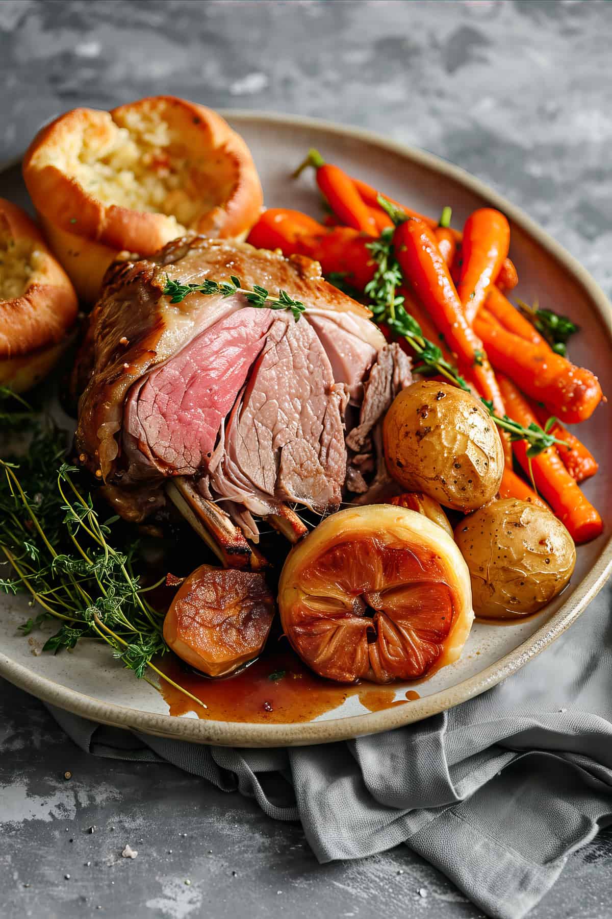 Roast leg of lamb with herbs, roast potatoes and glazed carrots on a plate.