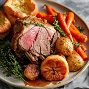 Roast leg of lamb with herbs, roast potatoes and glazed carrots on a plate.