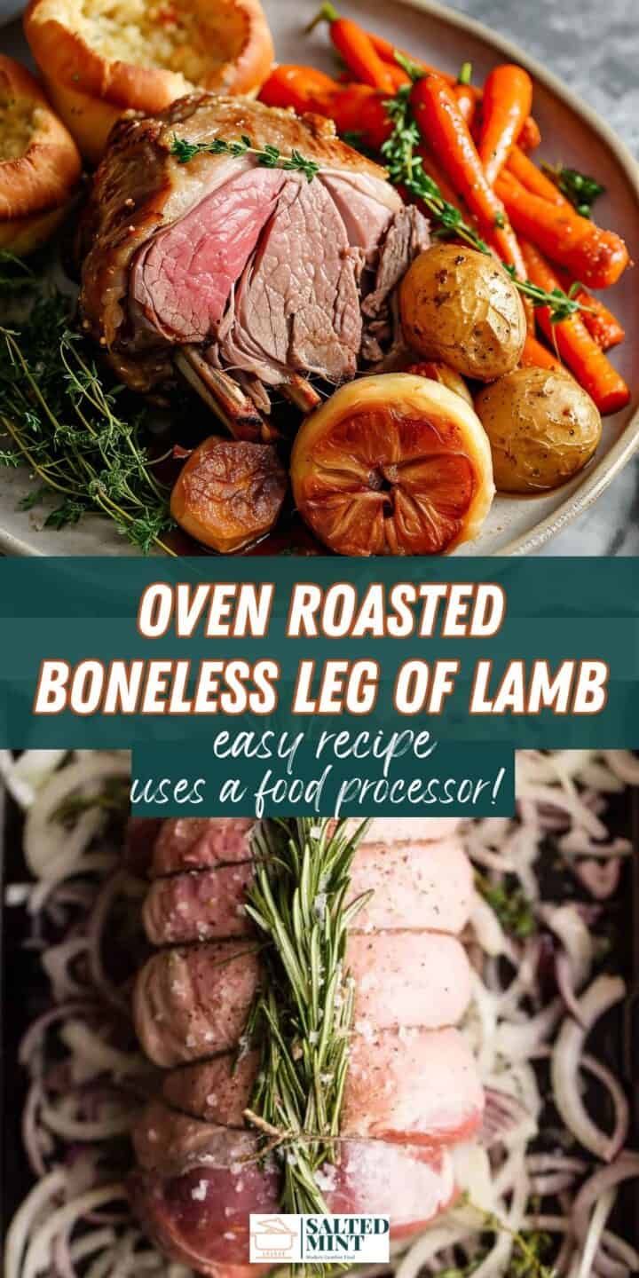 Roasted leg of lamb with roast potatoes and carrots on a white plate.