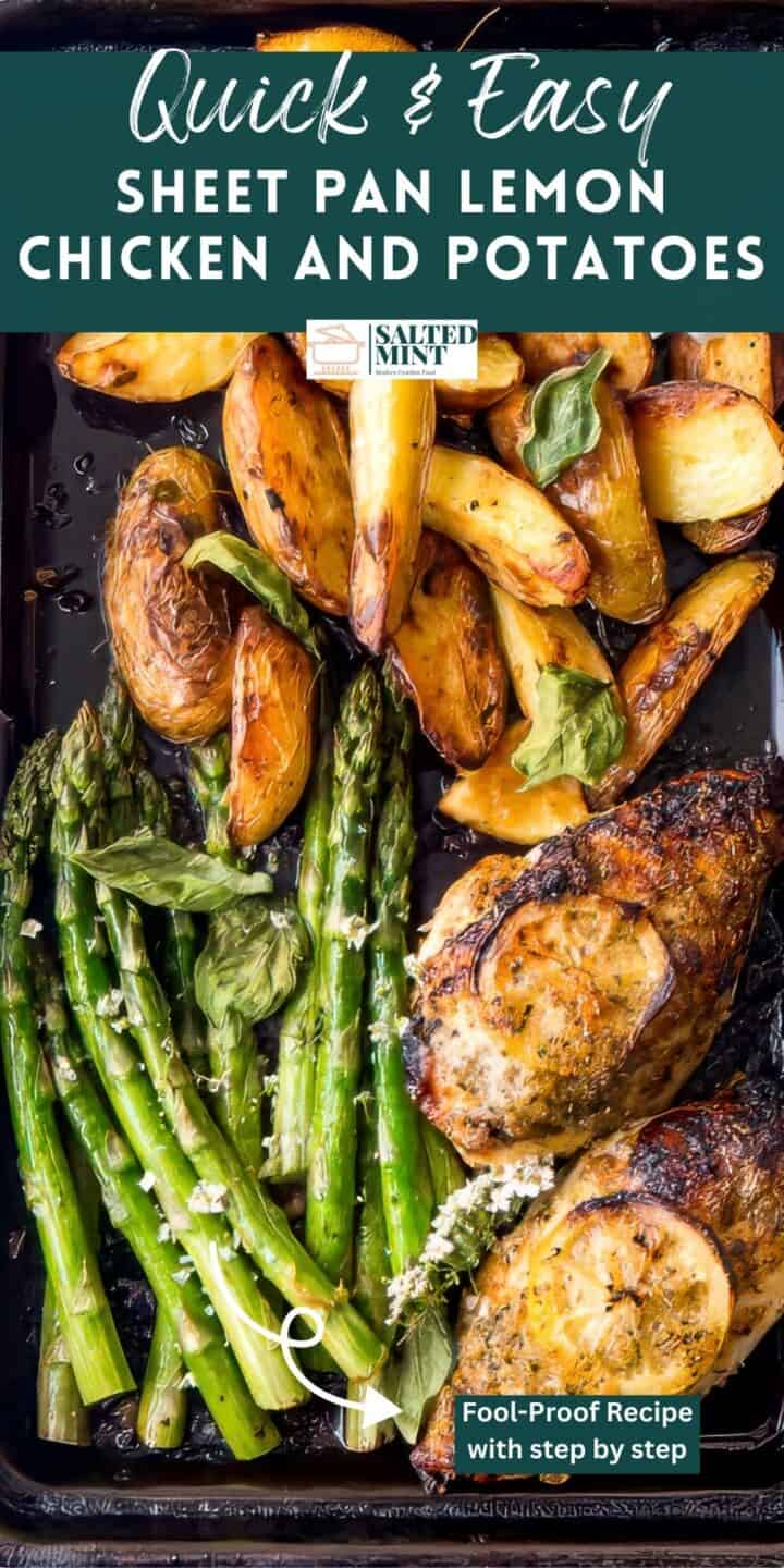 Sheet pan lemon chicken and potatoes with text overlay.