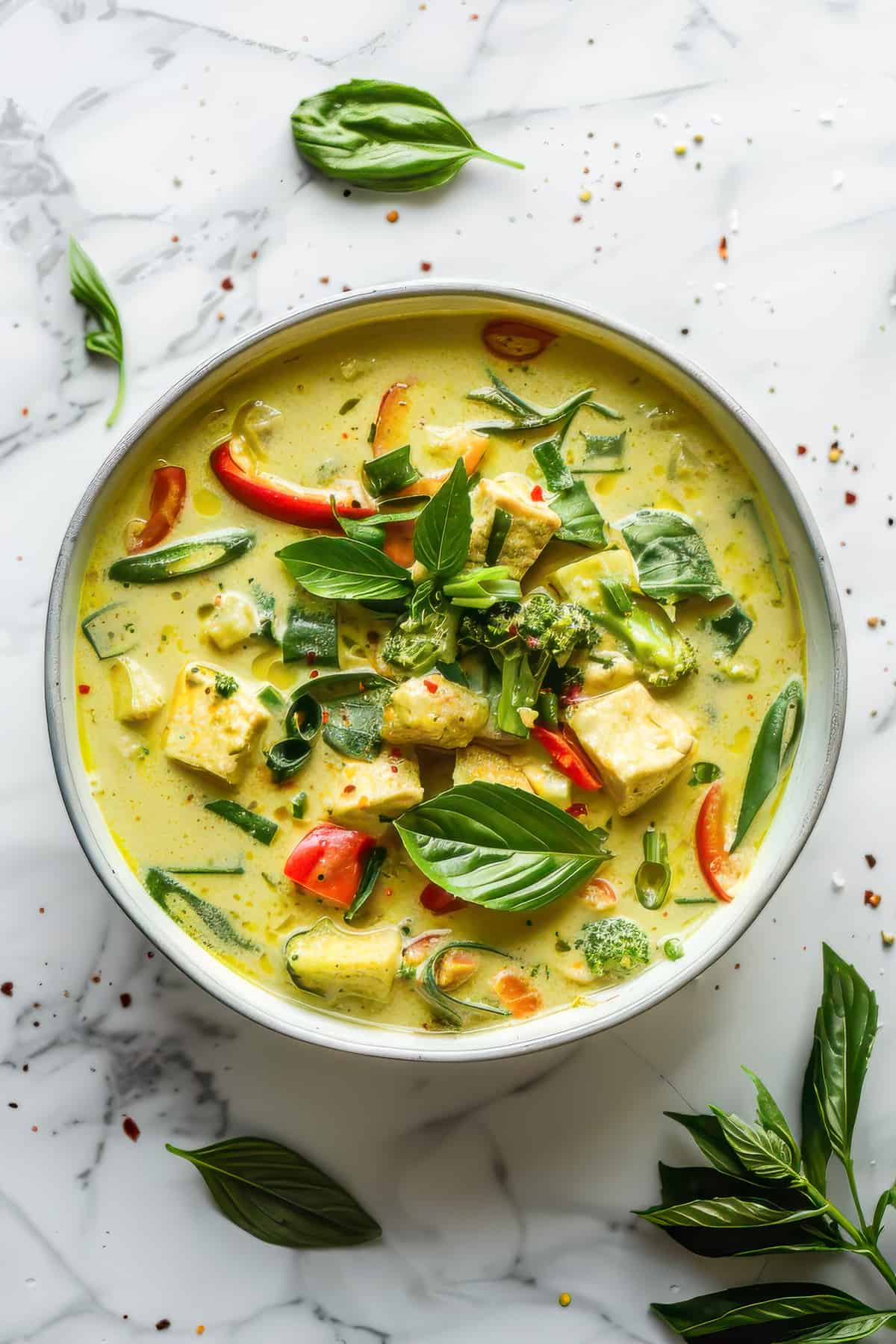 Vegetarian Thai green curry with tofu and herbs in a white bowl.