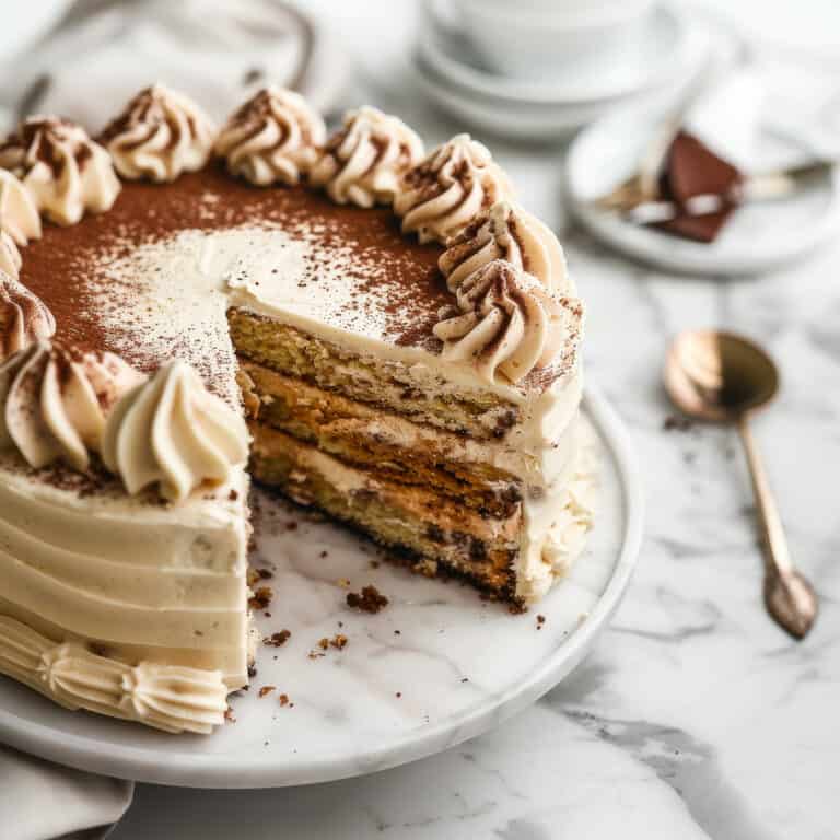 Tiramisu layer cake with frosting and cocoa powder.