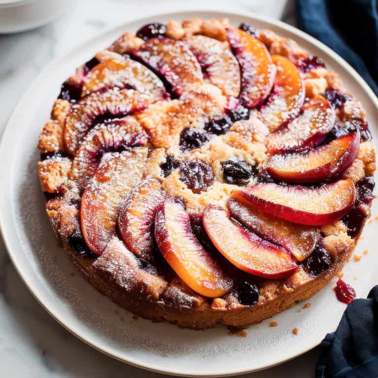 Nectarine cake on a white cake plate.