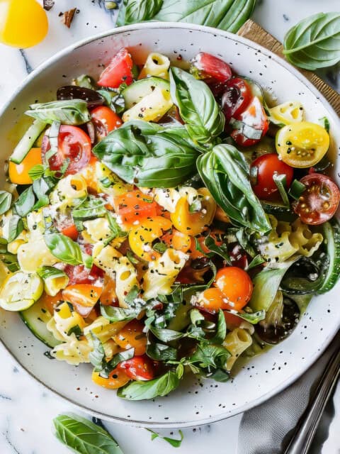 Easy pasta salad with creamy basil dressing in a white bowl.