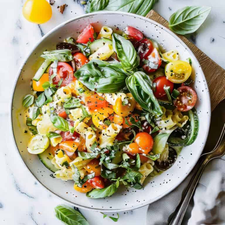 Easy pasta salad with creamy basil dressing in a white bowl.