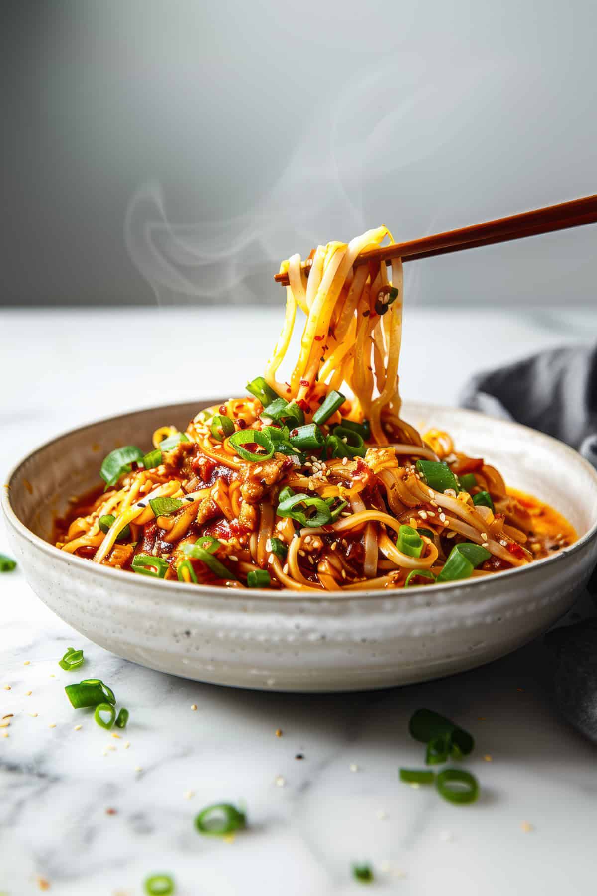 Easy szechuan noodles with green onions in a white bowl.