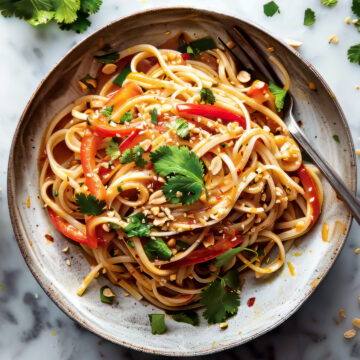 Thai peanut noodles with peanut sauce in a bowl.