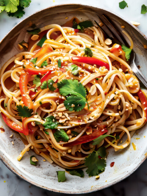 Thai peanut noodles with peanut sauce in a bowl.