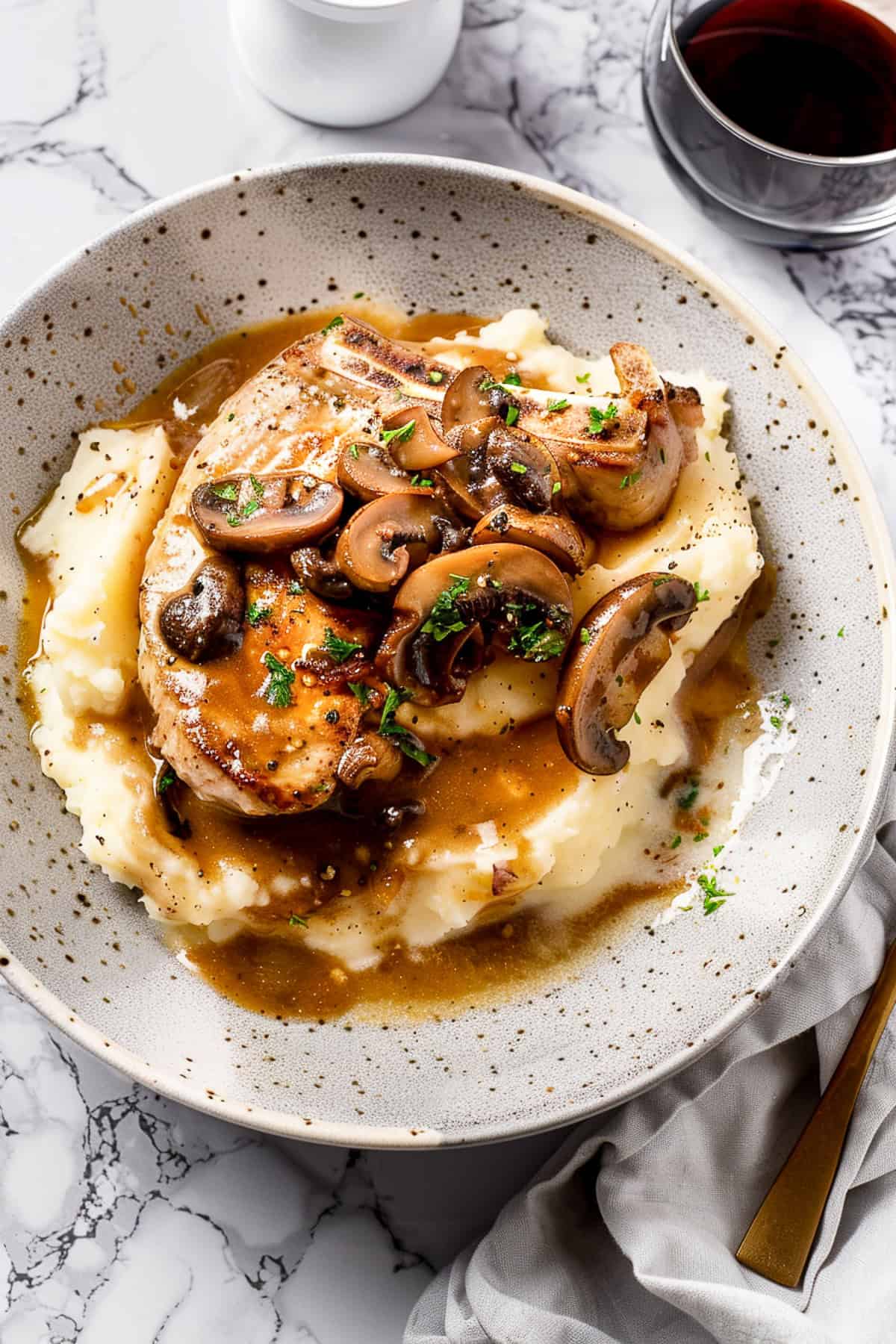 Crock pot pork chops over mashed potatoes with herbs and mushroom sauce.