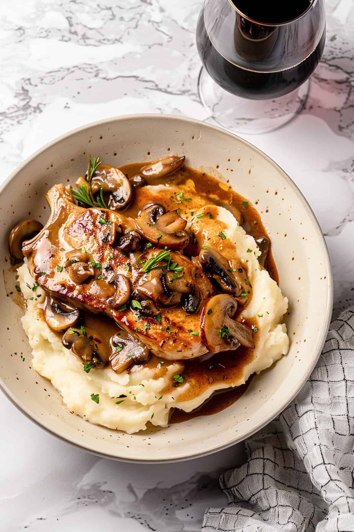 Crock pot pork chops over mashed potatoes with herbs and mushroom sauce.