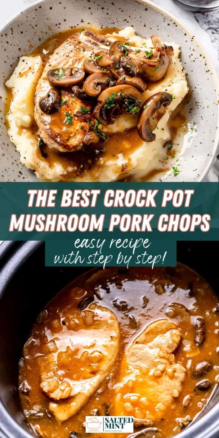 Crock pot pork chops in mushroom sauce in a white bowl with text overlay.