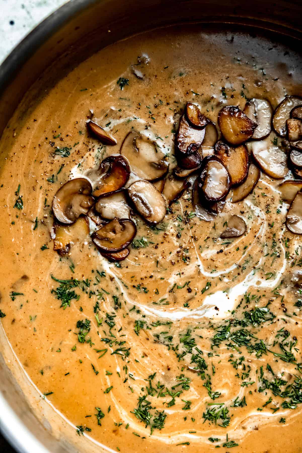 Hungarian mushroom soup with dill and cream.